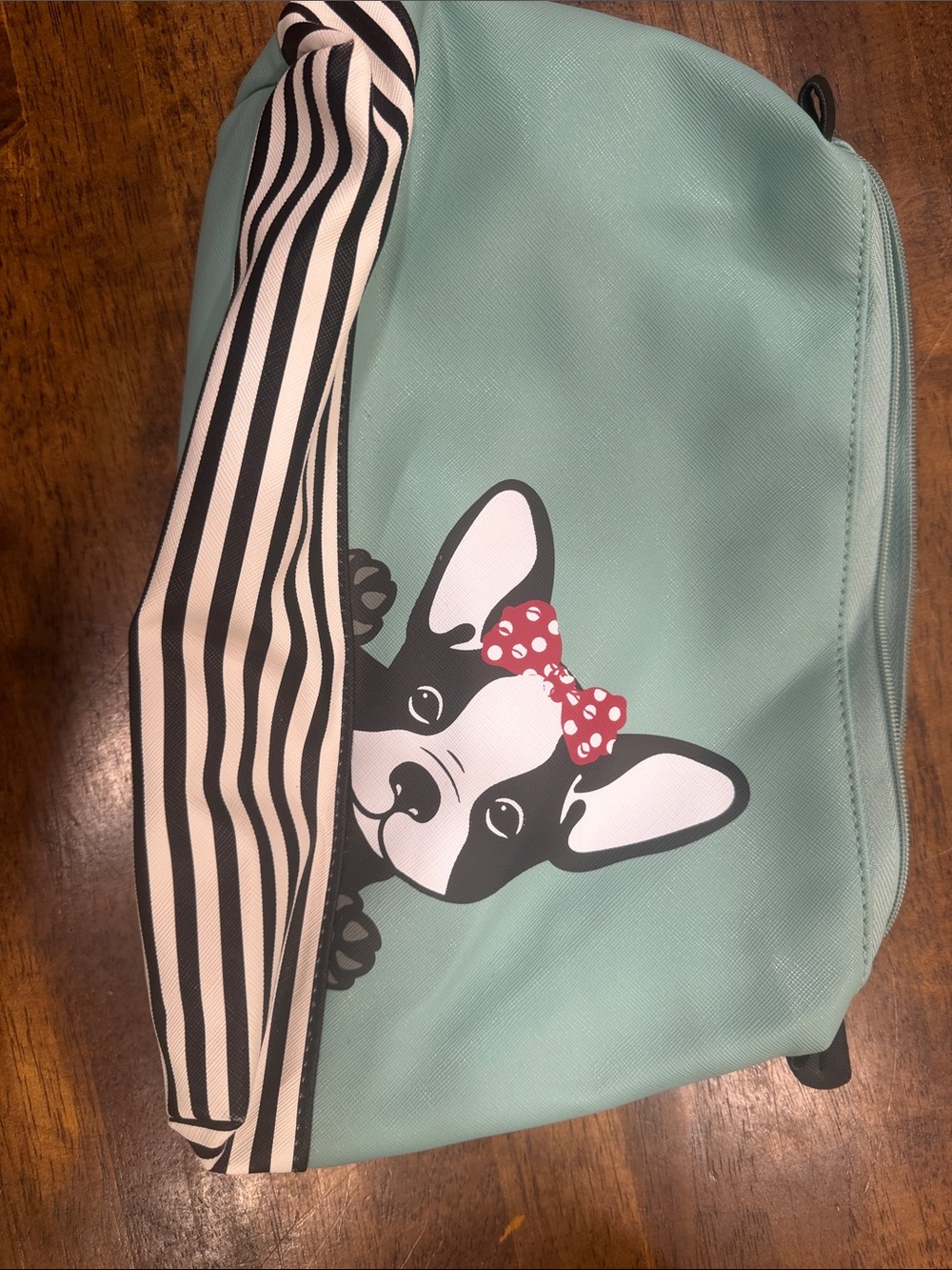 Stella & Max Mint Green Cosmetic Pouch with Dog and Red Bow